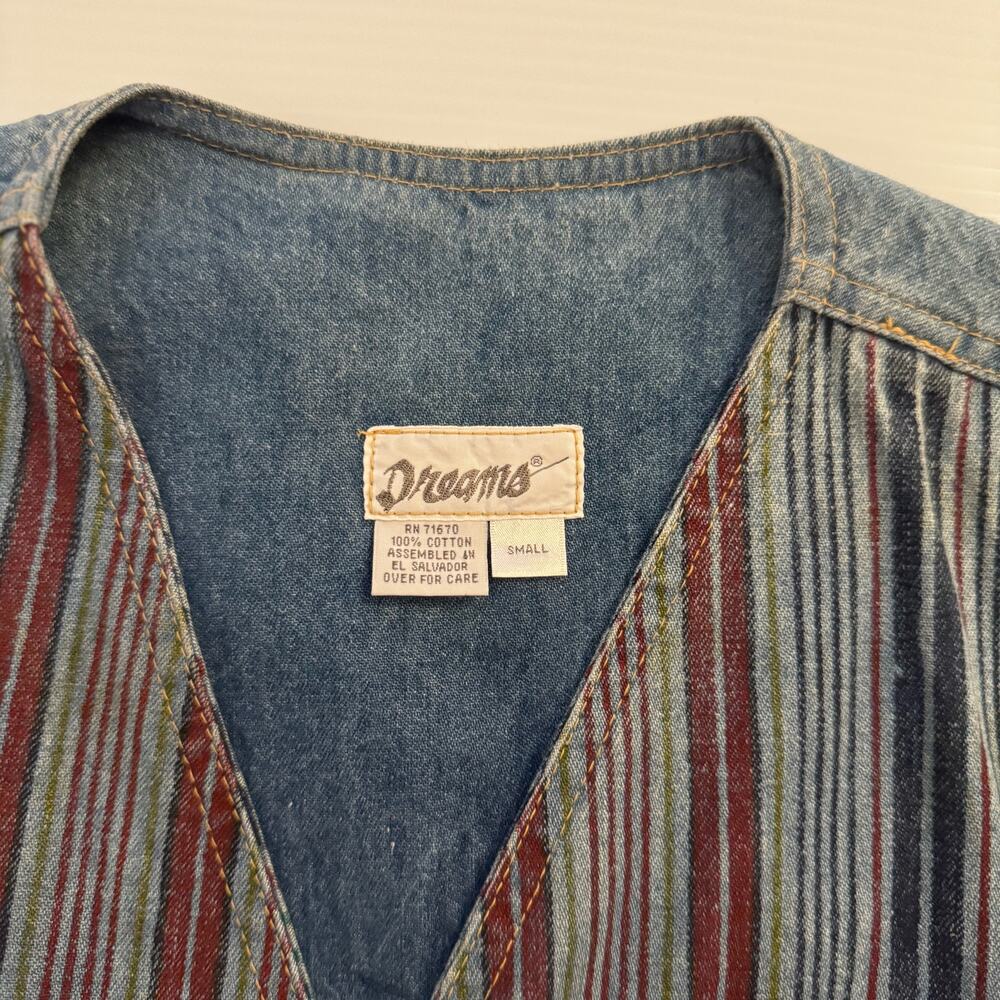 90s Multicolor Stripe Vest Small Denim Boho Indie Button Hippie Western Festival - Picture 4 of 16